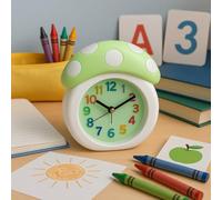 JRose Collections Green Mushroom Kids Alarm Clock - Cute Analogue Silent Clock for Children - 15x14 cm - Colourful Numbers - Battery Operated