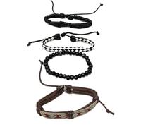 JRose Collections Handmade Men's Bracelet Set - 4 Layered Bracelets in Boho, Leather & Beaded Styles | Adjustable Fit | Vintage Accessories for Men & Boys (Style B - Black Leather & Tribal Weave)