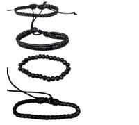 JRose Collections Handmade Men's Bracelet Set - 4 Layered Bracelets in Boho, Leather & Beaded Styles | Adjustable Fit | Vintage Accessories for Men & Boys (Style E - Earthy Beads with Black Braids)