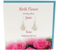 JRose Collections June Birth Flower Silver Rose Earrings - Sterling Silver Handmade Earrings Gift for Her - Rose Flower Symbolising Happiness & Love - With Greeting Card & Envelope - Jewellery Gift