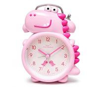 JRose Collections Kids Dinosaur Alarm Clock Metal Twin Bell 12cm Silent Quartz Battery Operated Cute Bedside Clock Night Light Children Bedroom Clock Blue Green Pink Teal JR2535 (Pink)