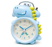JRose Collections Kids Dinosaur Alarm Clock Metal Twin Bell 12cm Silent Quartz Battery Operated Cute Bedside Clock Night Light Children Bedroom Clock Blue Green Pink Teal JR2535 (Blue)
