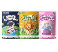 JRose Collections Kids Mega Lucky Bag 3 Pack Set - Space, Jungle & Princess Bags with 8 Surprises Each - Toys, Games, Crafts, Stickers & Activity Sheets - Party Bag Fillers & Fun Activities