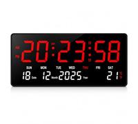 JRose Collections Large LED Digital Wall Clock 46x23cm Calendar Display with Temperature Date Day Week 3 Alarm USB Powered Auto Brightness 12/24 Hour Desk or Wall Clock JR2571 (Red)