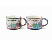 JRose Collections London Espresso Cup Set of 2 - 100ml Ceramic Small Coffee Mugs with Iridescent Handle & Skyline Design - Gift Boxed Souvenir Cappuccino Cups - Hand Wash Only (0265)
