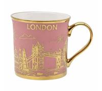 JRose Collections London Souvenir Fine China Mug 300ml - Pink & Gold Skyline Design, Ceramic Coffee & Tea Cup with Metallic Handle, London Landmarks Collectible Mug with Presentation Box 0272