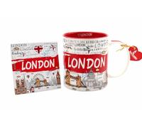 JRose Collections London Souvenir Mug and Coaster Set 350ml - Ceramic Travel Coffee Cup with Matching Square Coaster - Iconic London Landmarks Design - Gift Boxed UK Keepsake (0313)