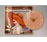 JRose Collections Modern Art Wall Clock 58x40cm - Stylish Woman in Orange Hat Design with Silent Quartz Movement - Decorative Framed Clock for Living Room, Hallway, Bedroom - Battery Operated JR5229