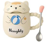JRose Collections Naughty Cat Mug with Lid and Spoon - Cute Ceramic Coffee Mug for Kids & Cat Lovers - Winking Animal Tea Cup with Tail Handle - Gift for Women, Girls, Office or Home Use
