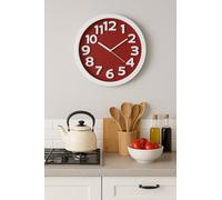 JRose Collections Red Analogue Wall Clock 28cm with White Frame, Large Easy-Read Numbers, Quartz Movement, Battery Operated Round Wall Clock for Kitchen Home Office