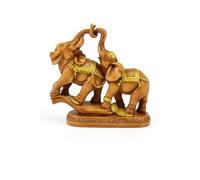 JRose Collections Resin Elephant Figurine Pair with Raised Trunks - 18cm High Wooden Effect Statue with Gold Detailing, Lucky Feng Shui Ornament for Home or Office Décor JR1313