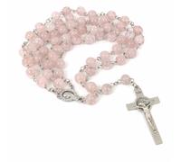 JRose Collections Rose Quartz Gemstone Rosary Beads 8mm Catholic Prayer Necklace with Crucifix & Centrepiece Medal, Pink Rosary with Velvet Pouch for Prayer, Meditation & Devotion