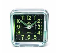 JRose Collections Small Analogue Alarm Clock 6×6cm, Quartz Ticking Movement, Compact Square Desk & Bedside Clock, Clear Case with Coloured Back Panel, Battery Operated (Blue)