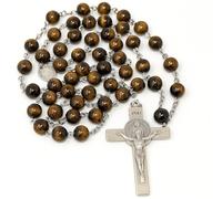 JRose Collections Tiger’s Eye Gemstone Rosary Beads 8mm Associated with Focus Balance and Calmness Catholic Prayer Necklace with Metal Crucifix Velvet Pouch and Rosary Prayer Guide Brown Bead Set