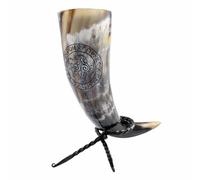 JRose Collections Viking Drinking Horn with Engraved Sleipnir Rune Symbol, Natural Horn Goblet with Hand-Forged Iron Stand, Norse Style Décor & Mead Horn, 32cm Height AH1114