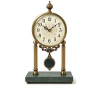 JRose Collections Vintage Table Clock with Swinging Pendulum - 40cm Tall, Brass with Green Marble Base, Silent Quartz Movement, Classic Mantel Clock for Home, Office, or Gift JR1218