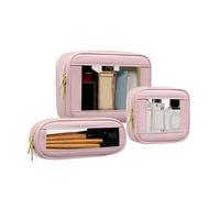 JRQCSJY Leather Clear Makeup Bags Set - Clear Quart Size TSA Approved Toiletry Bags for Toiletries Large Opening Transparent Cosmetic Case with Zipper for Travel Essential, Pink-2, Mini+Slim+Medium