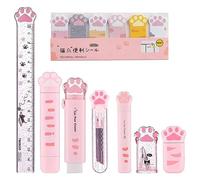 Jrudjsnhhty 8 Pcs Cute Cat Stationery Set Kawaii School Supplies Including Pencil Sharpener Retractable Eraser Reusable Easy to Use (Pink)