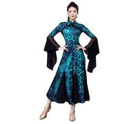 JRUIA Ballroom Competition Dancewear Printed Tango Waltz Costume National Standard Dance Dresses Flamenco Suit for Women,Blue,S