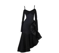 JRUIA Ballroom Dance Competition Dresses for Women Waltz Foxtrot Costume Flamenco Dancewear Big Lotus Leaf Swing Skirt,Black,L