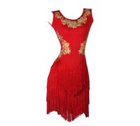 JRUIA Elegant Ladies Latin Dresses Tassel Modern Dance Practice Skirt Cha Cha Performance Costumes Ballroom Dancewear,Red,L