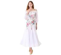 JRUIA Elegant Modern Dance Dresses National Standard Dancewear Tango Waltz Skirt for Women Great Tulle Swing Costume,White,L