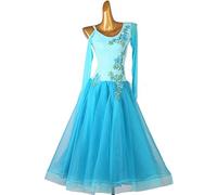 JRUIA Embroidery Ballroom Dresses for Women Elasticity Waltz Modern Dance Outfit Big Swing Skirt Tango Foxtrot Dress A Line,Blue,M