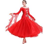 JRUIA Embroidery Professional Ballroom Dance Competition Dresses Waltz Performance Costume Tango Dancewear Big Swing Skirt,red,3XL