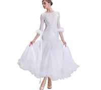 JRUIA Embroidery Waltz Costumes Ballroom Dance Competition Dresses for Women Tango Performance Dancing Clothes A Line,White,XL