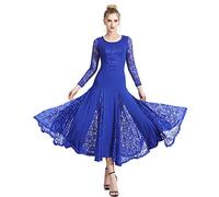 JRUIA Lace Ballroom Dance Training Dresses for Women Long Sleeve Waltz Modern Practice Dance Dress Breathable Standard Tango Elegant Banquet Performance Costume,blue,XL