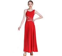 JRUIA Lace Ballroom Dance Training Dresses for Women Sleeveless Waltz Tango Costumes Leotard Foxtrot Salsa Performance Skirt,Red,M