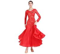 JRUIA Lace Waltz Modern Practice Costumes Ballroom Dance Competition Dresses for Women Classic Tango Performance Dancing Clothes,Red,S