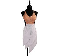 JRUIA Latin Dance Competition Dress Women's Fringe Cha Cha Performance Costume Ballroom Dresses Rhinestone Skirt for Samba,white,L
