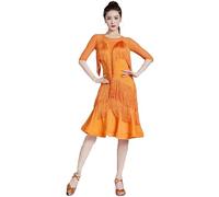 JRUIA Latin Dance Dresses for Women Cha Cha Ballroom Performance Dance Dress Salsa Waltz Training Outfit Fishbone Skirt,Orange,XXL