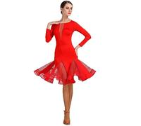 JRUIA Latin Dance Dresses for Women Competition Cha Cha Tango Costume Ballroom Performance Dancewear Salsa Practice Skirt,Red,M