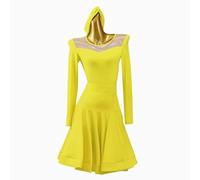 JRUIA Long Sleeve Latin Performance Dance Dresses Salsa Ballroom Dancewear Round Neck Cha Cha Tango Training Costume,Yellow,L