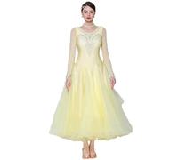 JRUIA National Standard Ballroom Dance Dresses Waltz Tango Competition Costume Stage Gorgeous Performance Dancing Outfit,Yellow,XXL