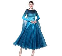 JRUIA National Standard Dance Competition Dresses Professional Ballroom Dancewear for Women Waltz Costume Big Swing Skirt,Blue,3XL