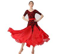 JRUIA Printed Ballroom Dance Performance Dresses for Women Tango Waltz Outfit Flamenco Foxtrot Practice Costume Social Skirt,Red,L
