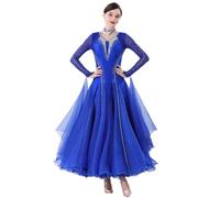 JRUIA Professional Ballroom Dance Competition Dresses Women's National Standard Dancewear Waltz Foxtrot Dancing Outfit,Blue,XXL