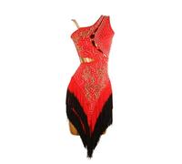 JRUIA Professional Latin Dance Dresses for Women Fringe Cha Cha Tango Performance Costume Ballroom Competition Dancewear,Red,M