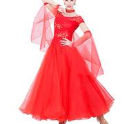 JRUIA Salsa Performance Dancing Outfit Professional Ballroom Dance Dresses for Women Tango Foxtrot Costume Big Swing Skirt,red,XL