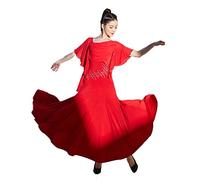 JRUIA Salsa Professional Competition Costume Womens' Ballroom Dance Dresses Waltz Performance Dancing Outfit with Rhinestone,Red,L