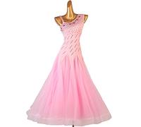 JRUIA Strapless Ballroom Dance Competition Dresses Women's Waltz Dancewear Rhinestone National Standard Performance Costume,Pink,XXL