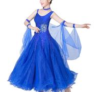 JRUIA Tango Competition Costume Round Neck Ballroom Dance Dress Women's National Standard Dancewear Waltz Dancing Outfit,Blue,3XL