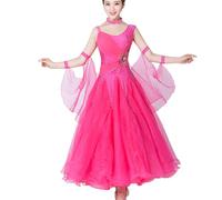 JRUIA Tango Competition Costume Round Neck Ballroom Dance Dress Women's National Standard Dancewear Waltz Dancing Outfit,Rose,XXL
