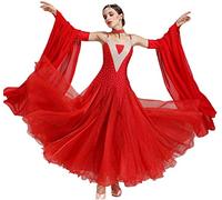JRUIA Tango Performance Costume for Women Waltz Competition Dance Clothes Ballroom Dance Dresses with Exquisite Neck Cover,Red,M