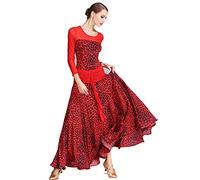 JRUIA Tango Performance Costume Women's Mesh Long Sleeve Ballroom Dance Training Dresses Foxtrot Waltz Waist Pleated Clothes,Red,M