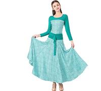 JRUIA Tango Performance Costume Women's Mesh Long Sleeve Ballroom Dance Training Dresses Foxtrot Waltz Waist Pleated Clothes,Green,M