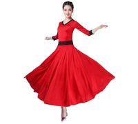 JRUIA Waltz Training Dresses for Women 2/3 Sleeve Ballroom Dresses Modern Dance Practice Skirt Banquet Performance Costume,Red,M